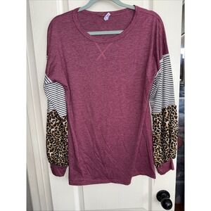 BHome Round Neck Top Stretch Burgundy Animal PrintSleeve SizedM-L Oversized 4913